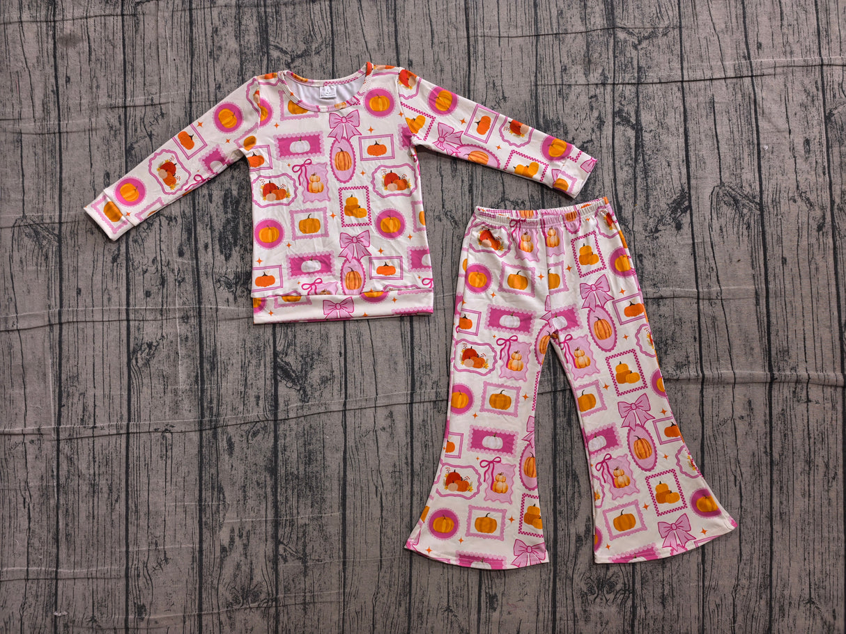 Pink bow pumpkin top pants girls fall clothing set