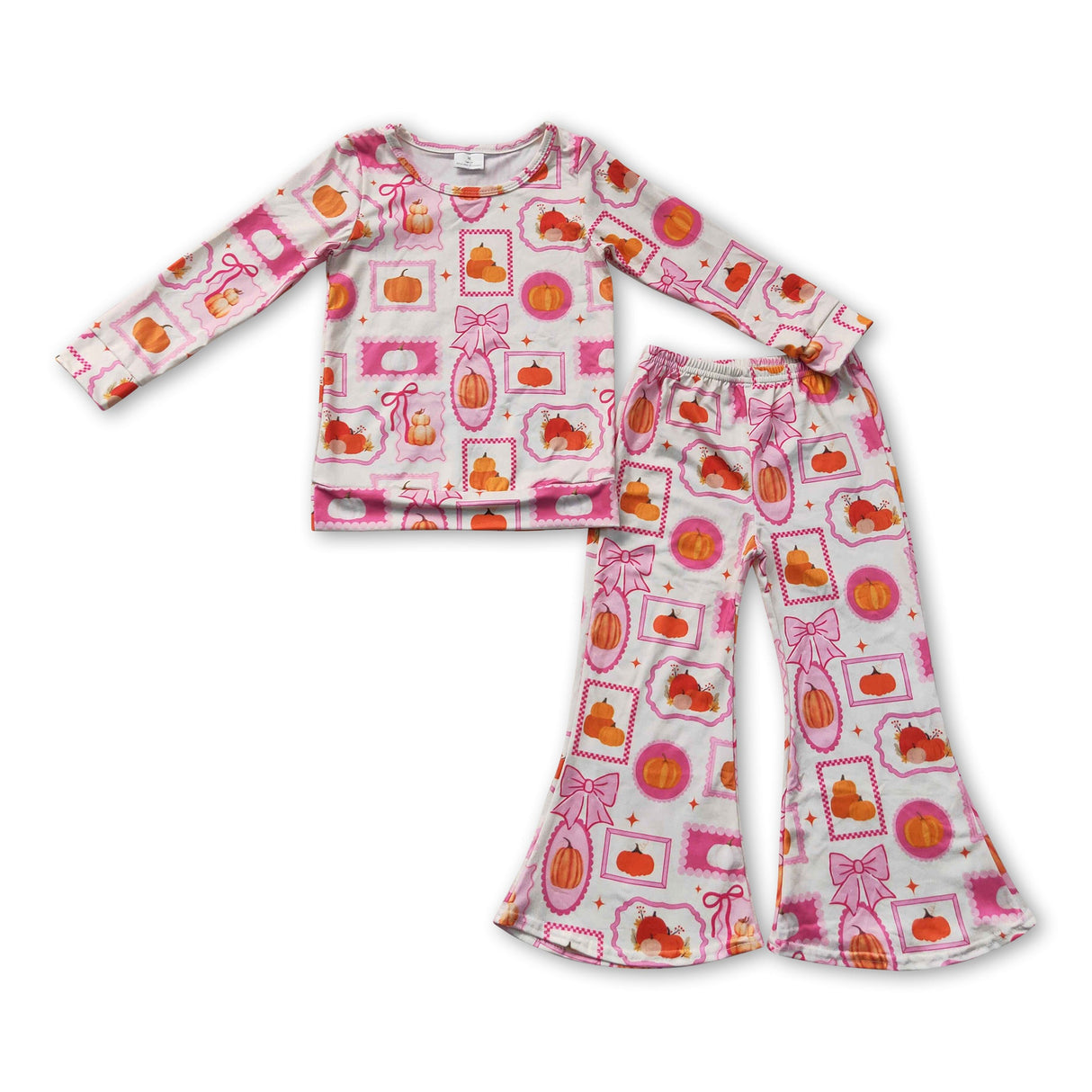 Pink bow pumpkin top pants girls fall clothing set