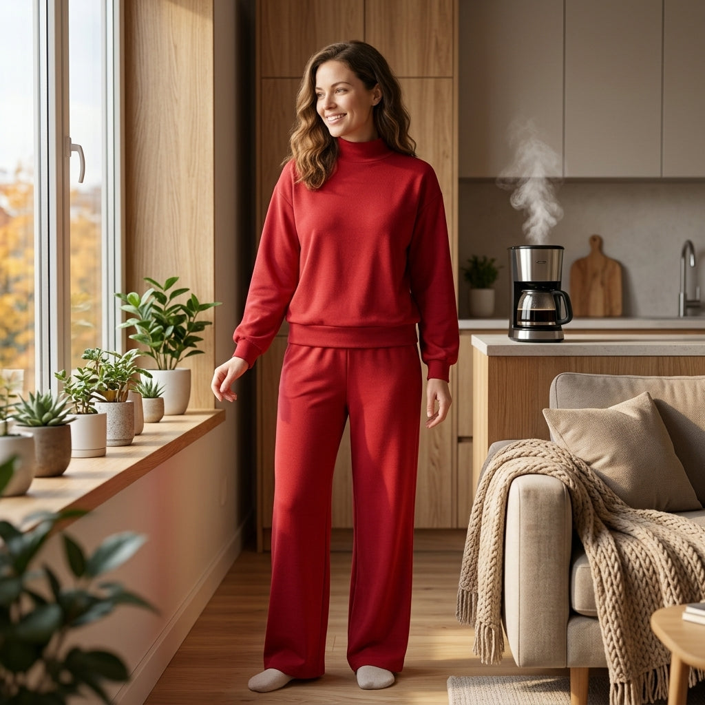 Long sleeves dark red cotton mock neck top pants adult women outfits
