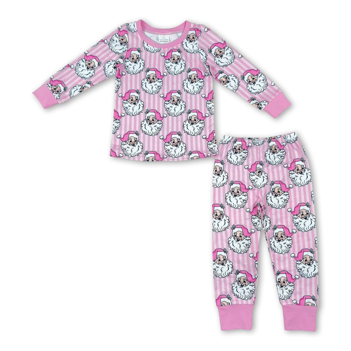 Long sleeves pink stripe santa girls Christmas pajamas