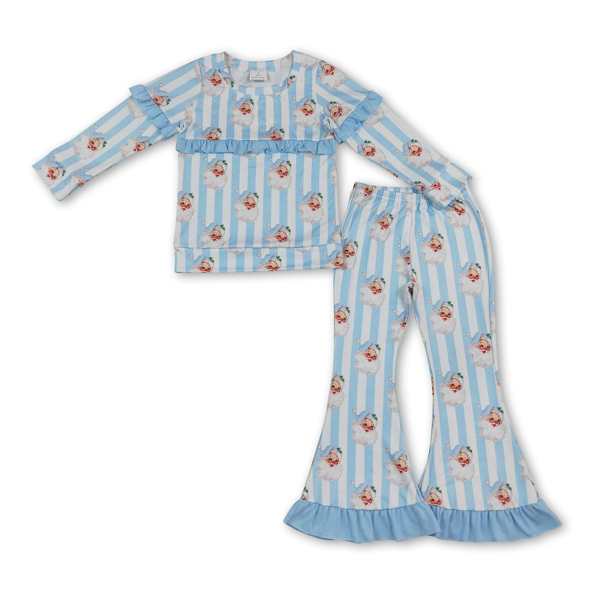 Light blue ruffle stripe santa bow kids girls Christmas outfits