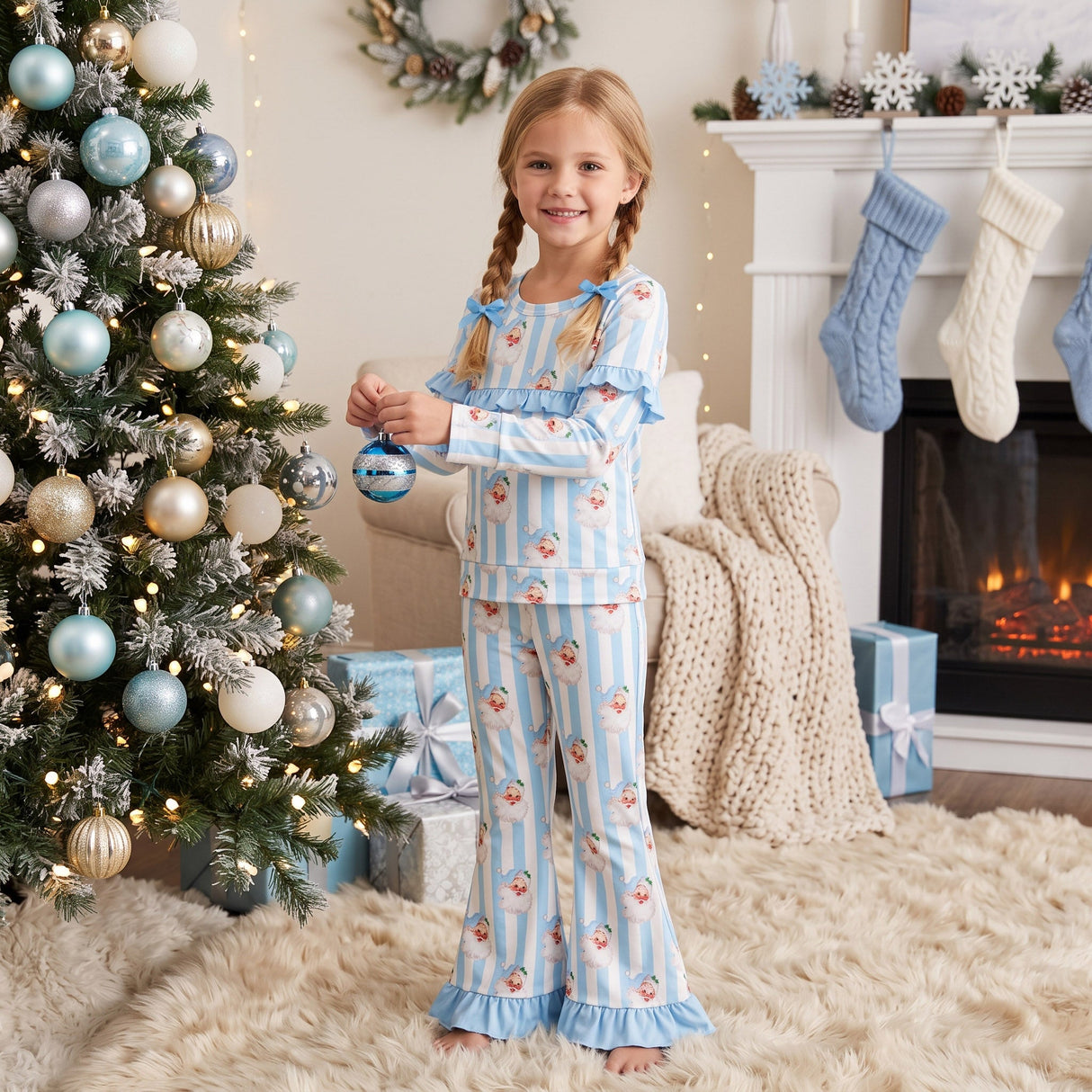 Light blue ruffle stripe santa bow kids girls Christmas outfits