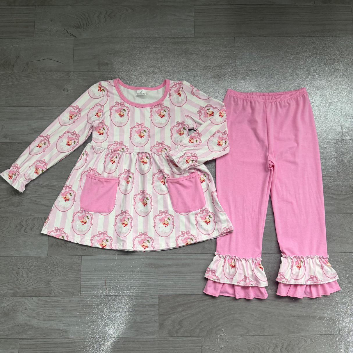 Pink stripe santa bow tunic pants kids girls Christmas outfits