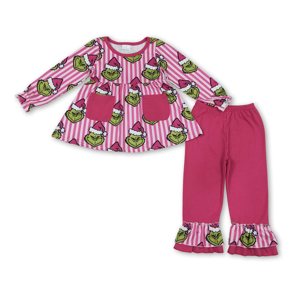 Stripe green face tunic pants girls Christmas outfits