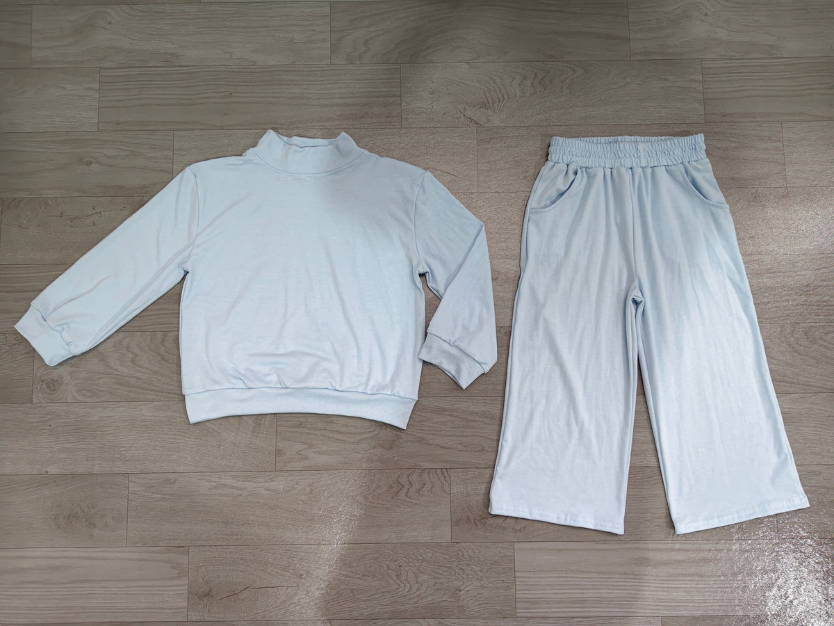 Long sleeves light blue cotton top pants kids girls outfits