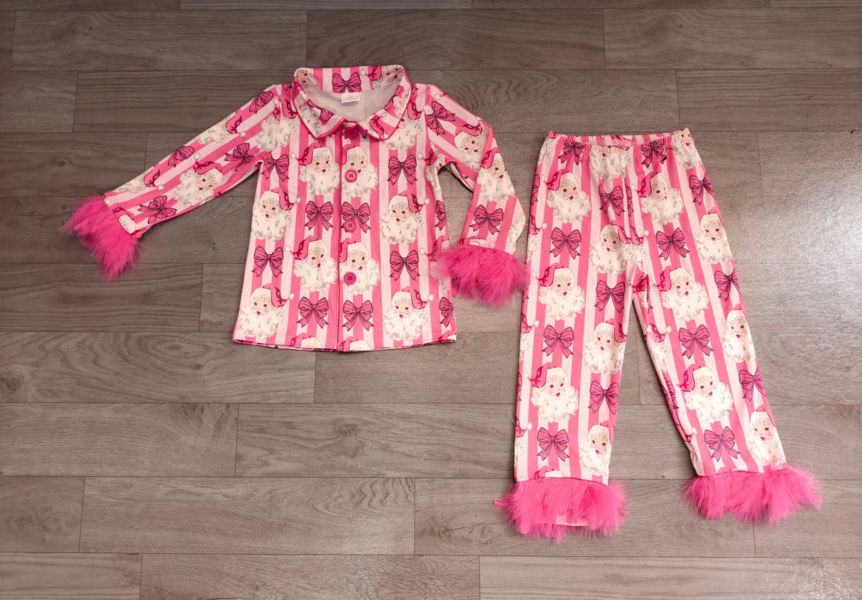 Fur long sleeves santa bow girls Christmas pajamas
