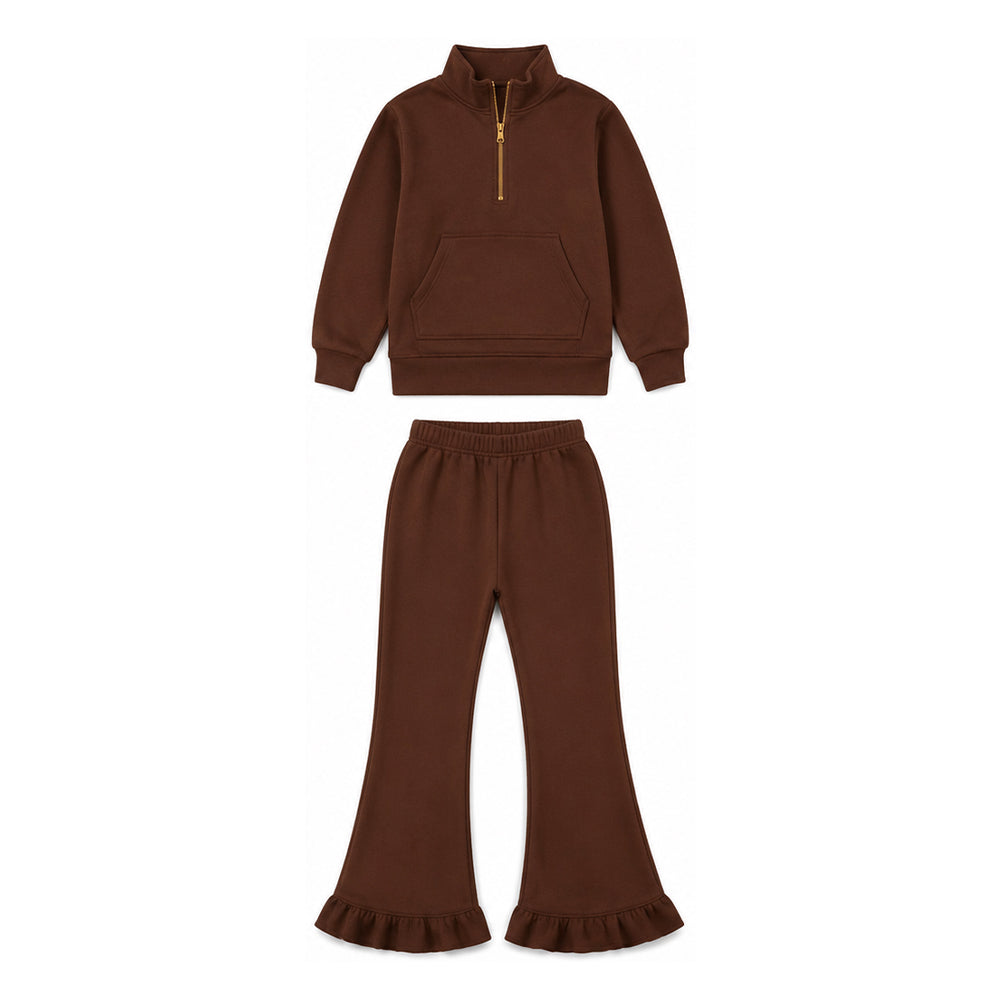 Dark brown pocket pullover ruffle pants girls sweatshirt outfits