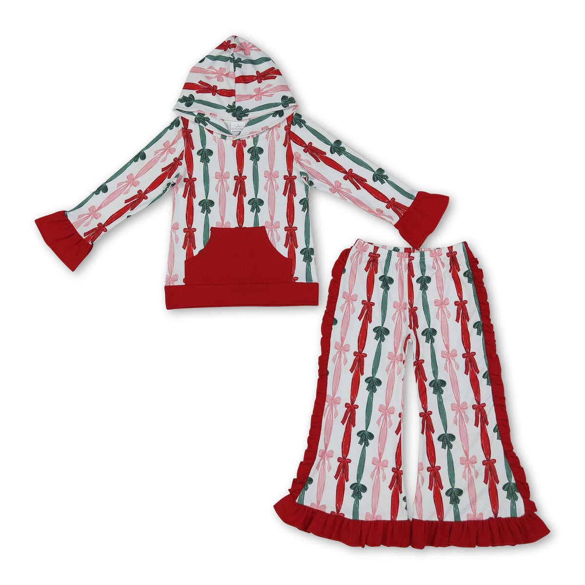 Red green bow hoodie ruffle pants girls Christmas set