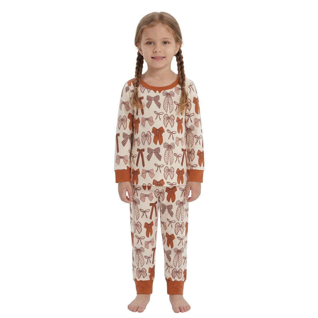 Long sleeves brown bow girls Thanksgiving pajamas