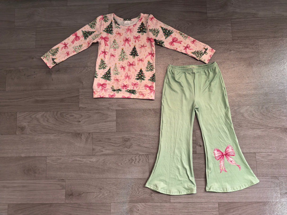 Pink bow Christmas tree top pants kids girls outfits