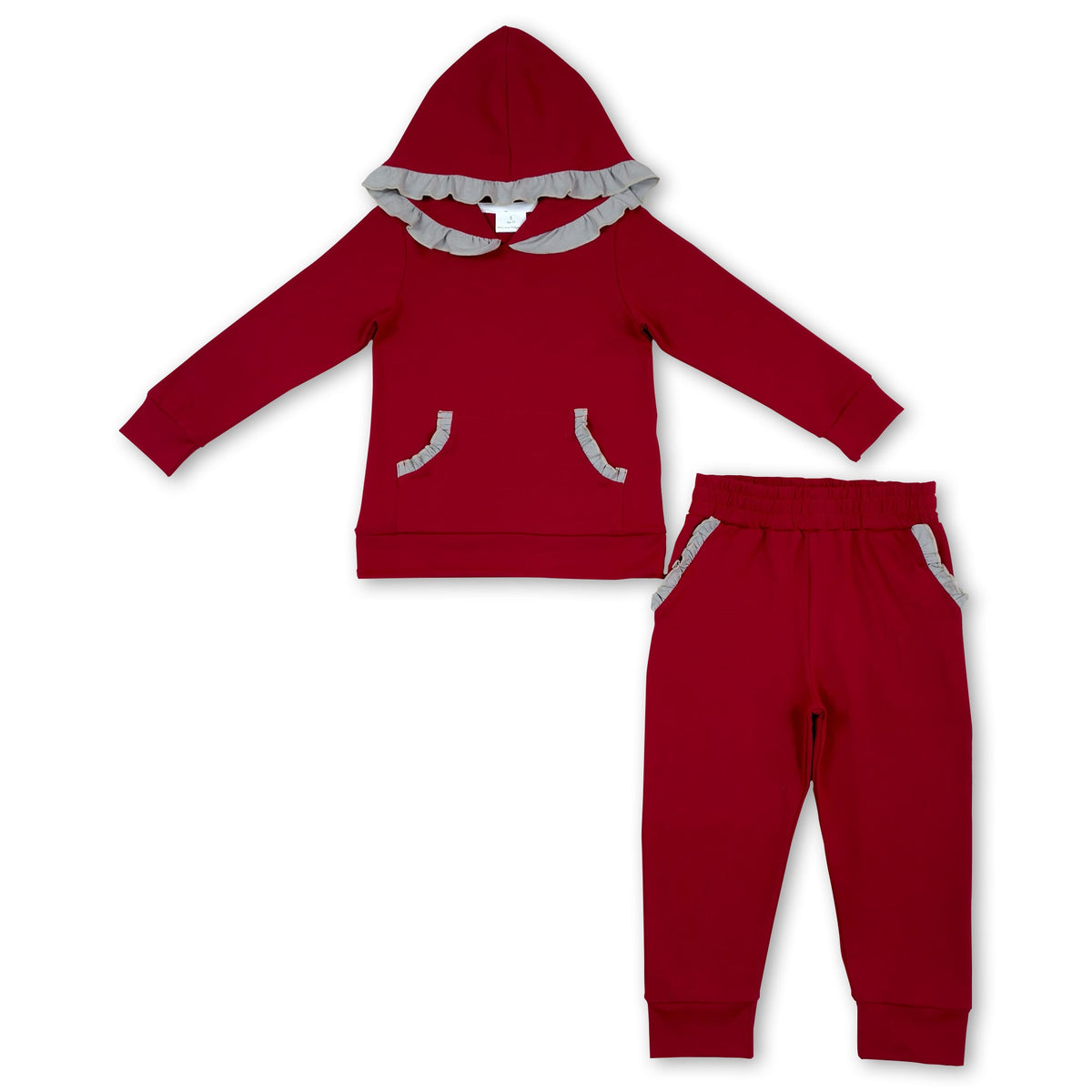 Grey ruffle dark red hoodie pants kids girls outfits