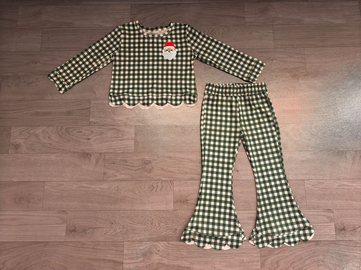 Santa embroidery green plaid scallop girls Christmas set
