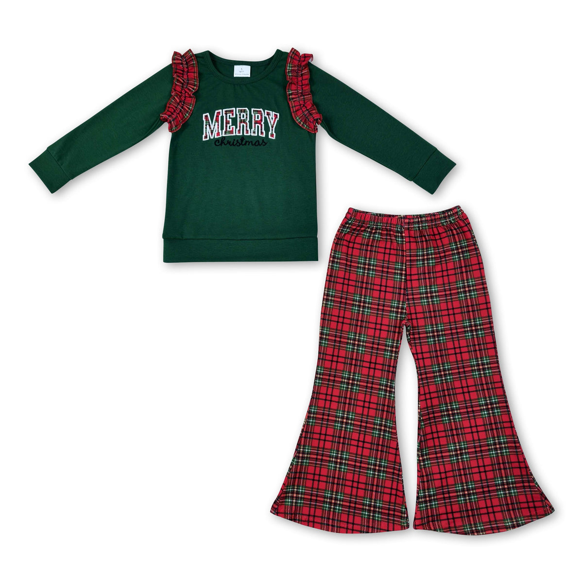 Merry Christmas embroidery top plaid pants girls outfits