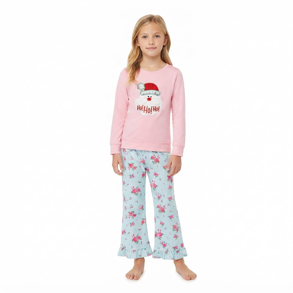 HO HO HO santa embroidery top pants girls Christmas set