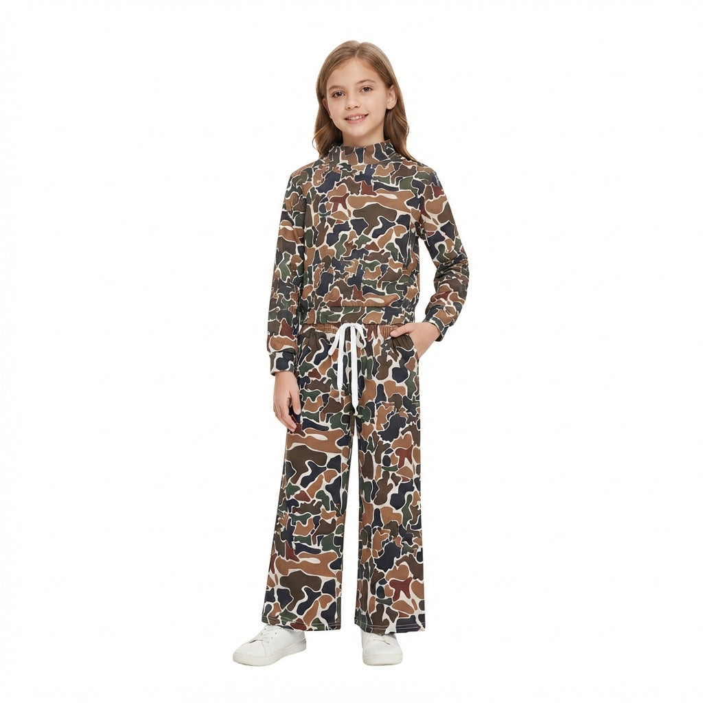 Brown camo long sleeves top pants girls active wear set