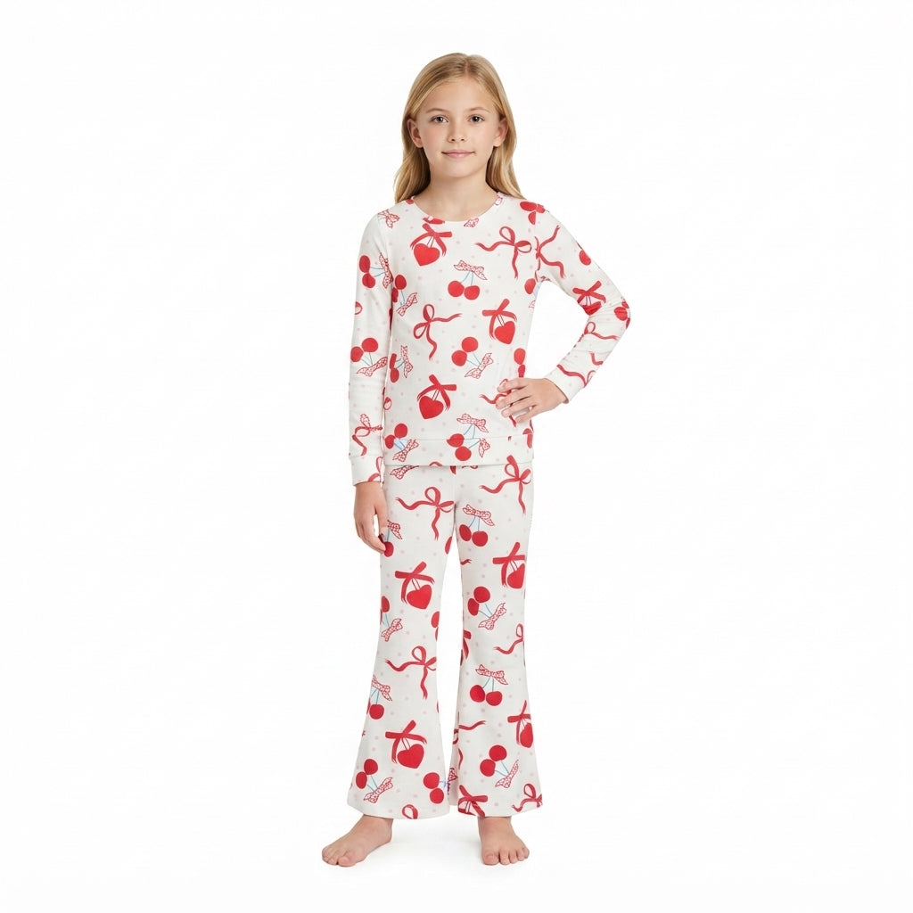 Cherry heart bow top pants girls Valentine's outfits