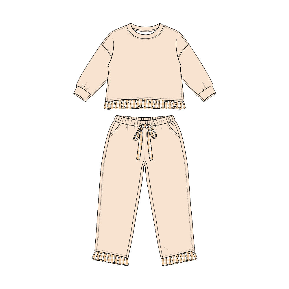 Long sleeves khaki plaid ruffle top pants girls sweatshirt outfits