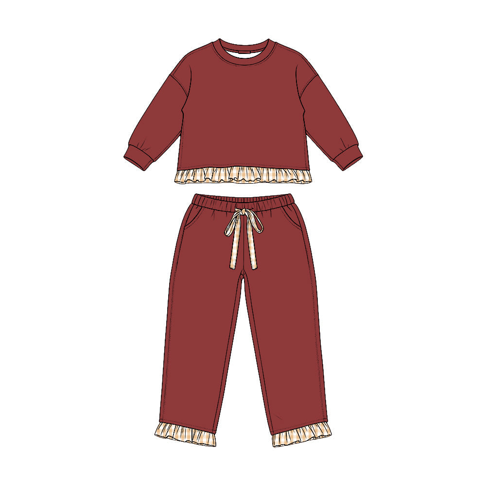 Long sleeves plaid ruffle top pants girls sweatshirt set