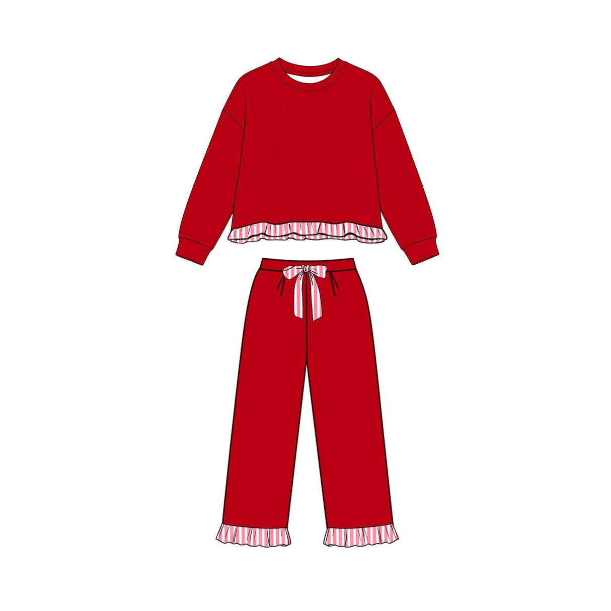 Long sleeves red stripe ruffle top pants girls sweatshirt outfits