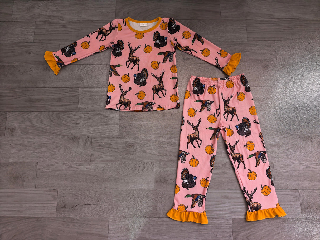 Long sleeves deer duck turkey pumpkin girls fall pajamas