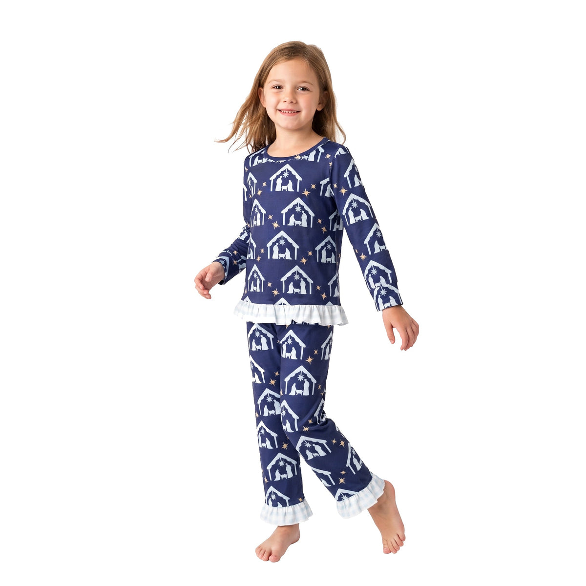Long sleeves nativity ruffle top pants girls Christmas set