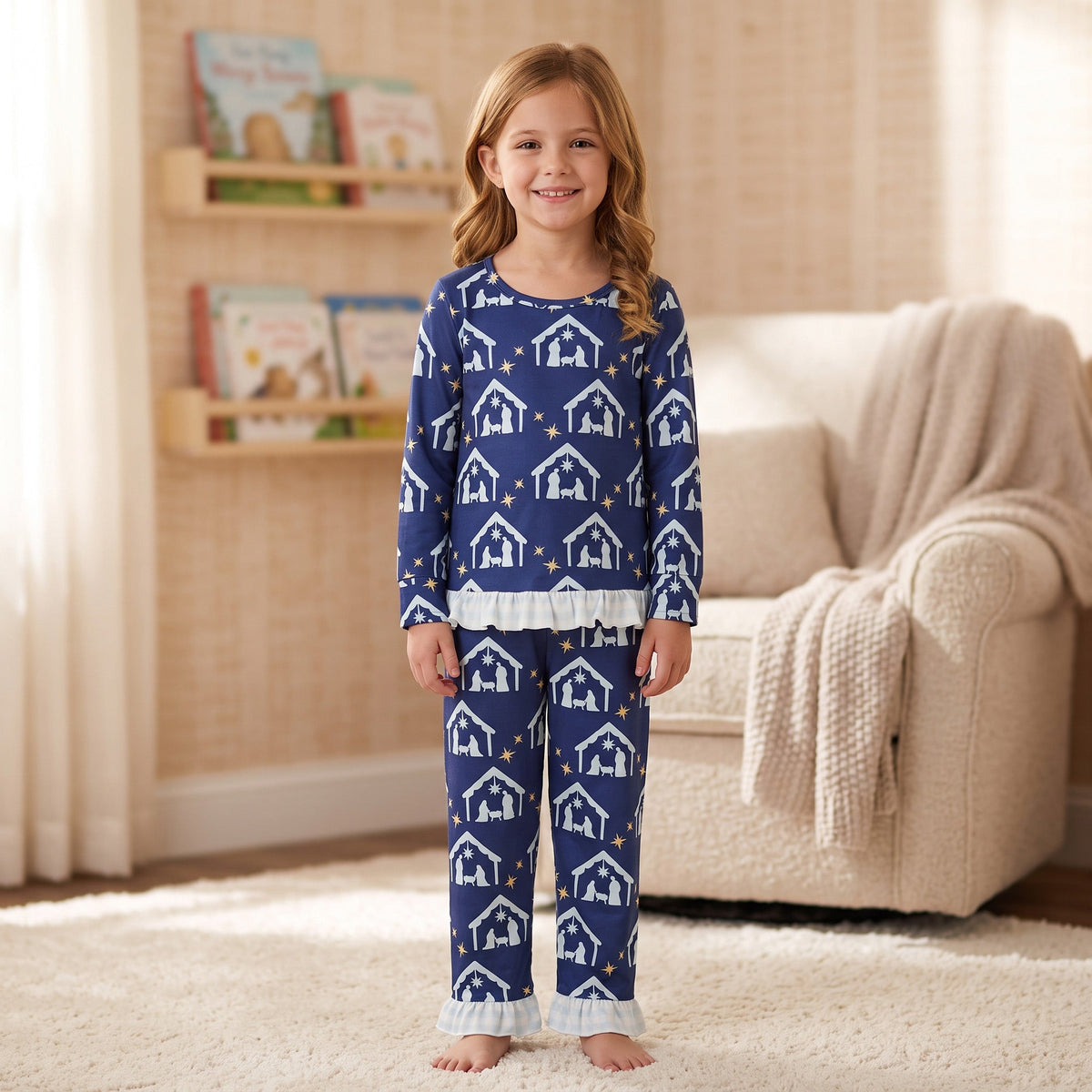 Long sleeves nativity ruffle top pants girls Christmas set