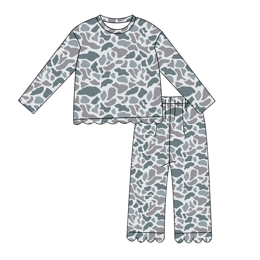 Long sleeves grey camo scallop kids girls outfits