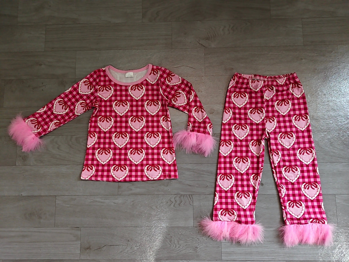 Fur sleeves plaid heart bow girls Valentine's pajamas