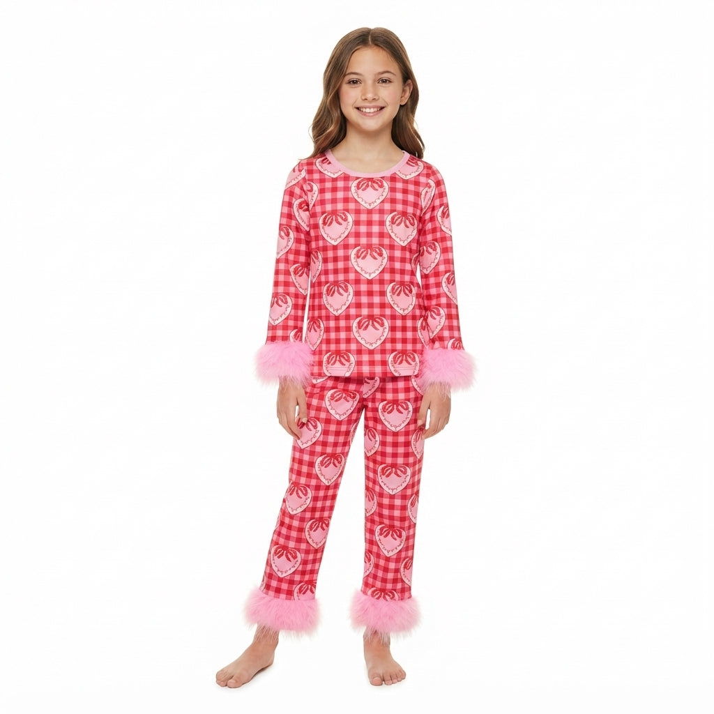 Fur sleeves plaid heart bow girls Valentine's pajamas