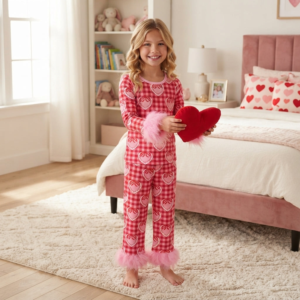 Fur sleeves plaid heart bow girls Valentine's pajamas
