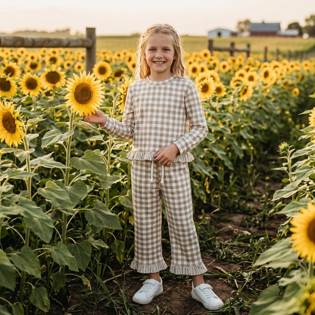 Long sleeves plaid stripe ruffle top pants girls outfits