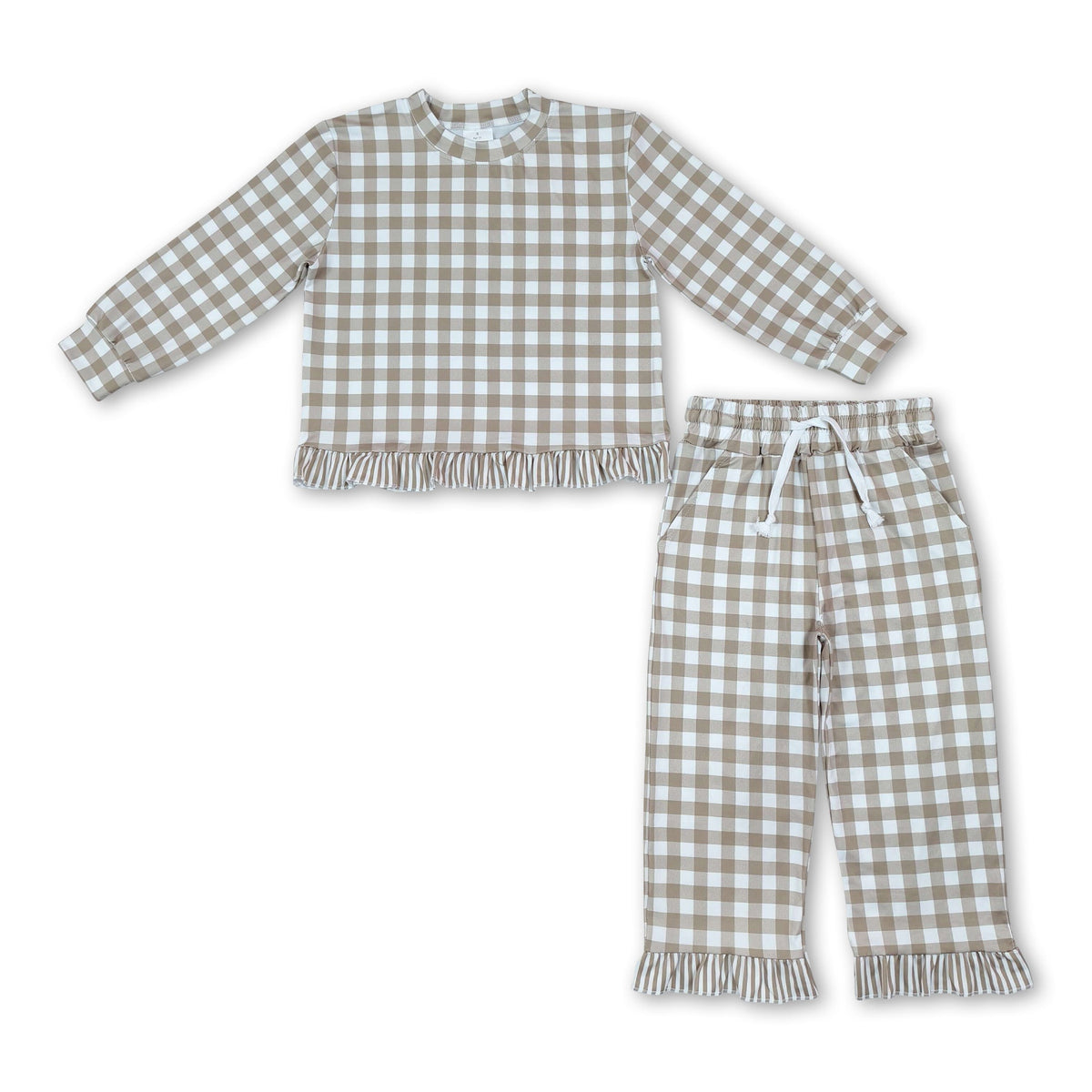 Long sleeves plaid stripe ruffle top pants girls outfits