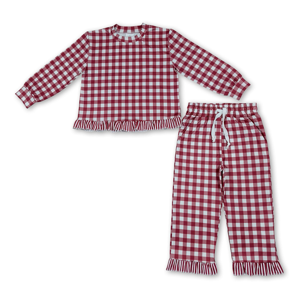 Long sleeves dark red plaid stripe ruffle top pants girls outfits