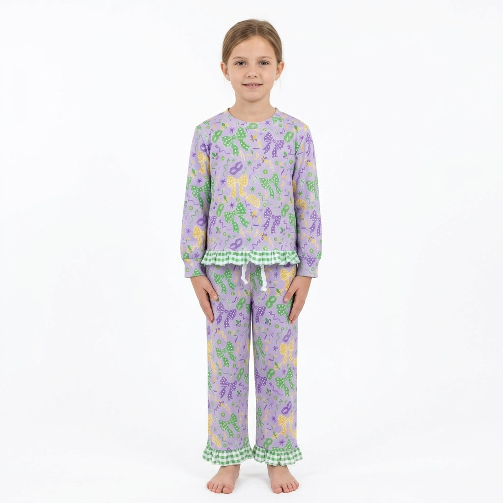 Long sleeves plaid bow ruffle girls Mardi Gras outfits