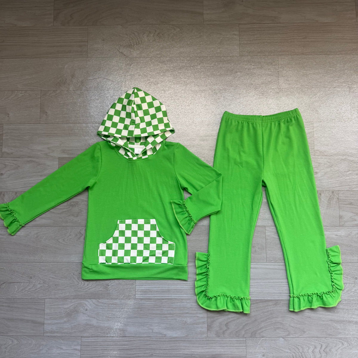 Green plaid pocket hoodie ruffle girls outfits