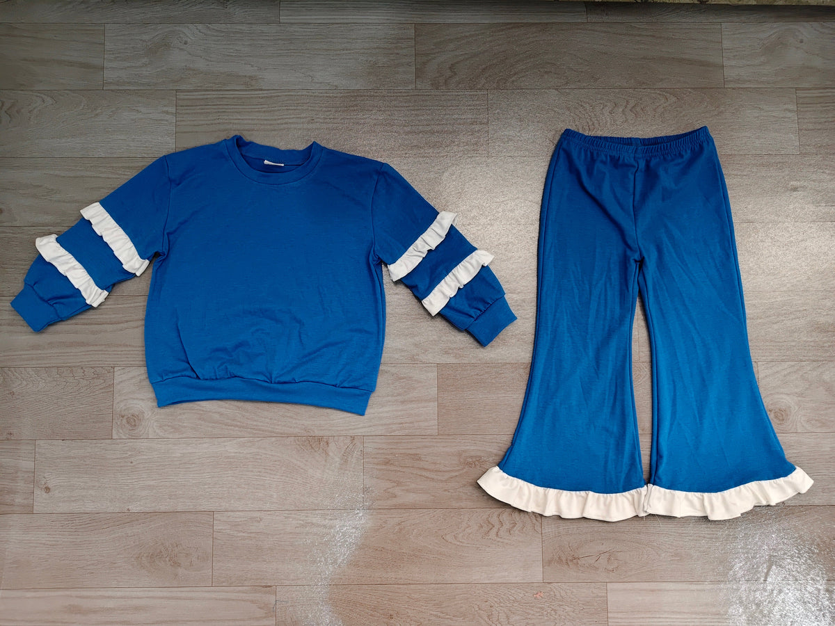 Blue ruffle green cotton top pants girls clothing set