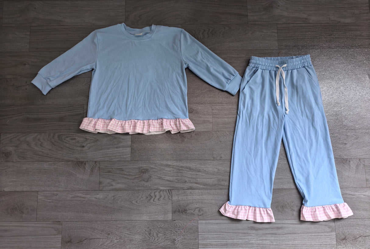 Long sleeves plaid ruffle light blue cotton girls outfits