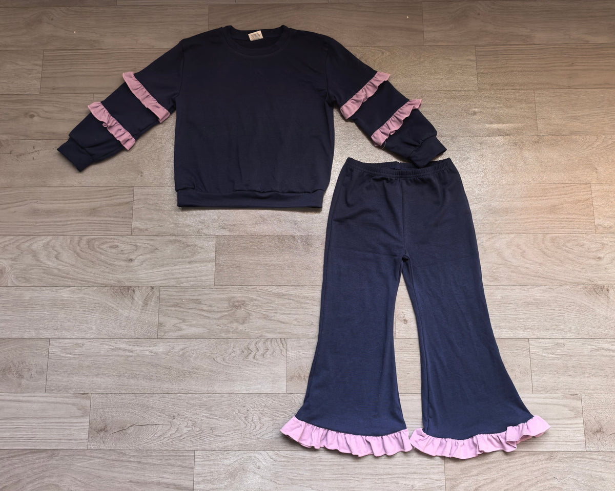 Lavender ruffle navy cotton top pants girls clothing set