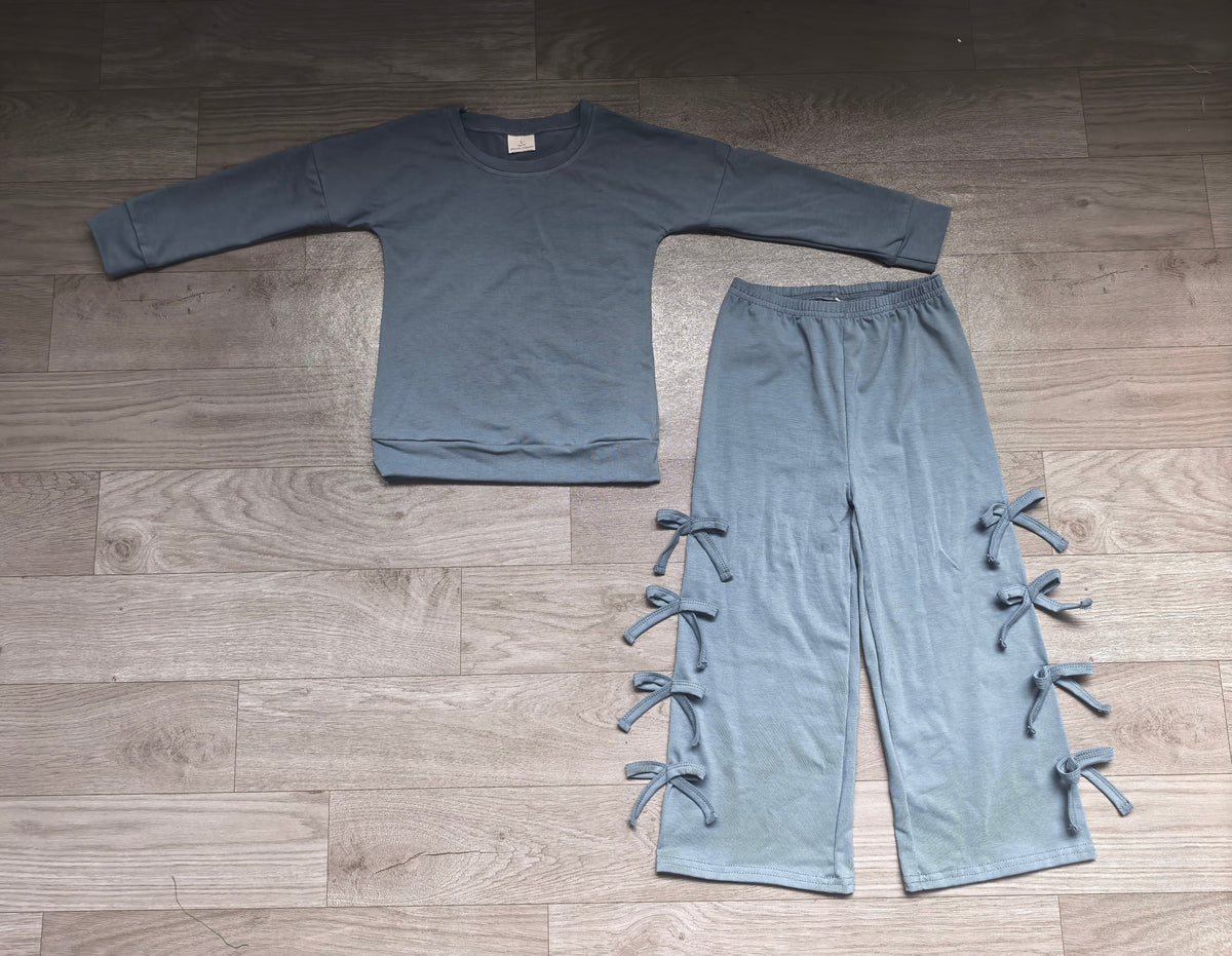 Long sleeves light blue cotton top bow pants kids girls outfits