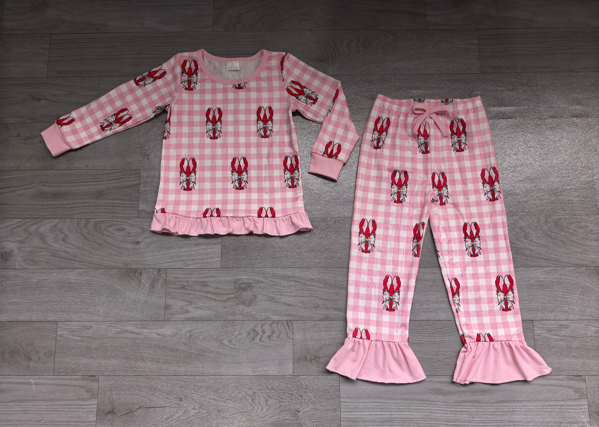 Long sleeves plaid crawfish bow top pants girls outfits