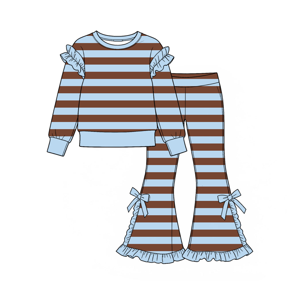 Long sleeves ruffle pink blue stripe top pants girls outfits