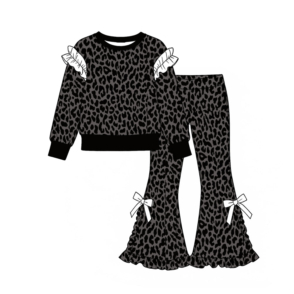 Long sleeves ruffle pink black leopard top pants girls outfits