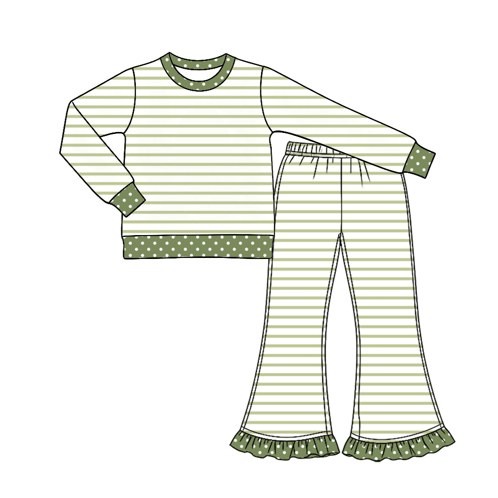 Long sleeves green stripe top pants girls outfits
