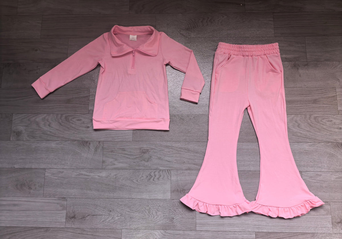 Pink pocket zipper pullover flare pants girls outfits