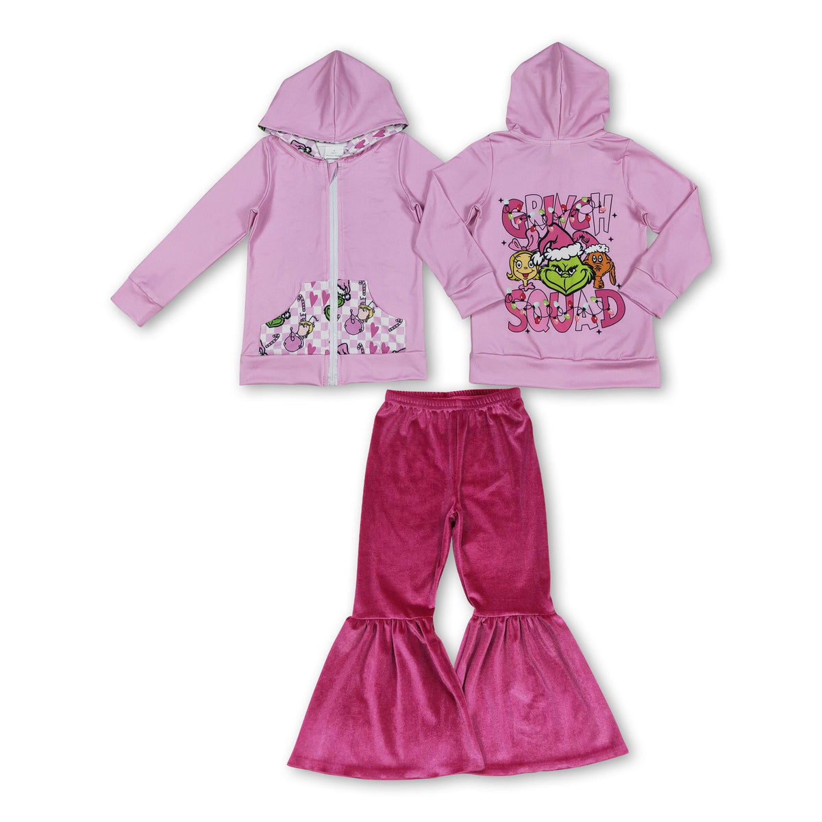Pink green face hooded jacket velvet pants girls Christmas outfits