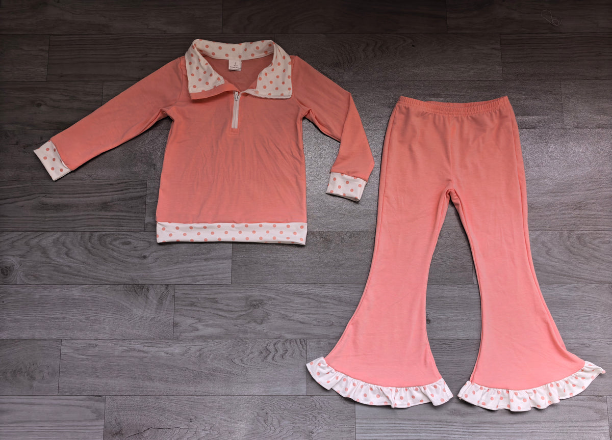 Peach polka dots zipper pullover pants girls outfits