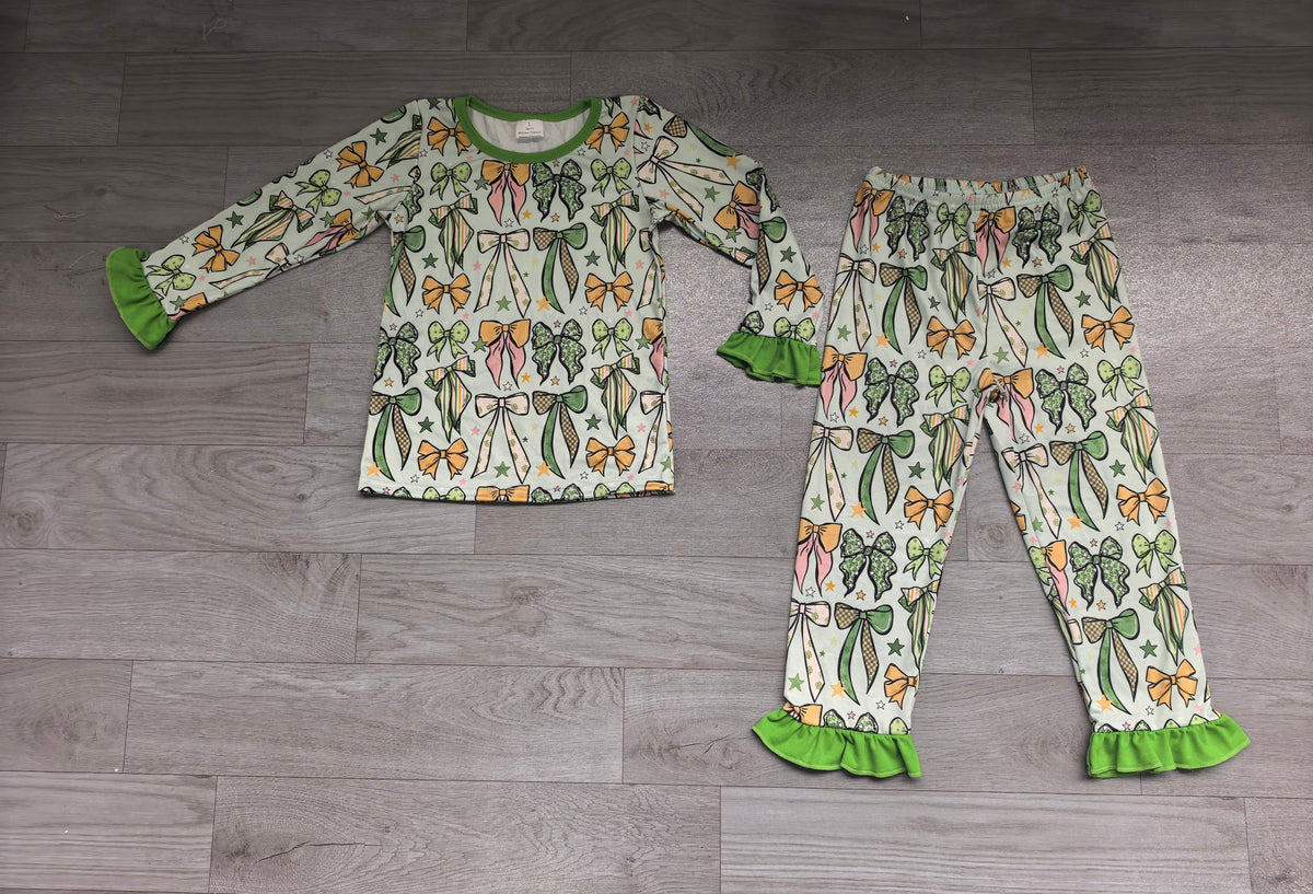 Long sleeves green bow girls St Patrick's day pajamas