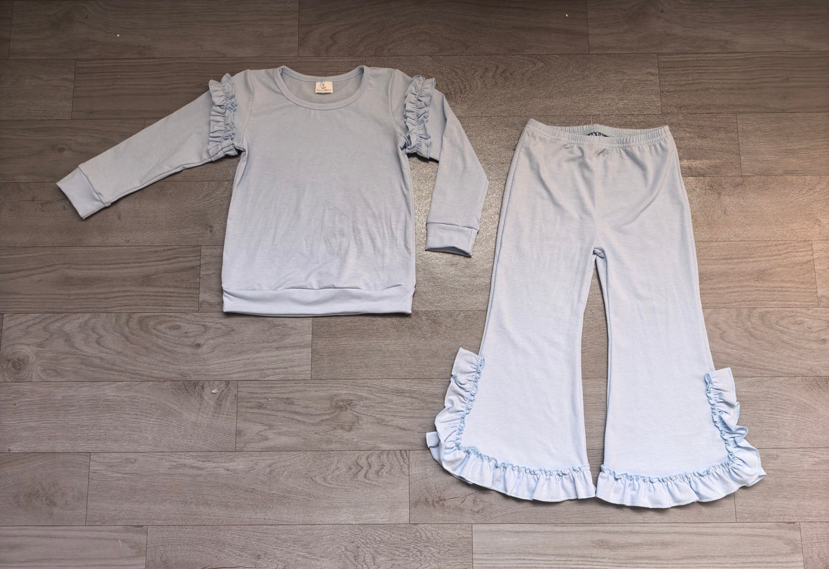 Light blue cotton ruffle top pants girls clothing set