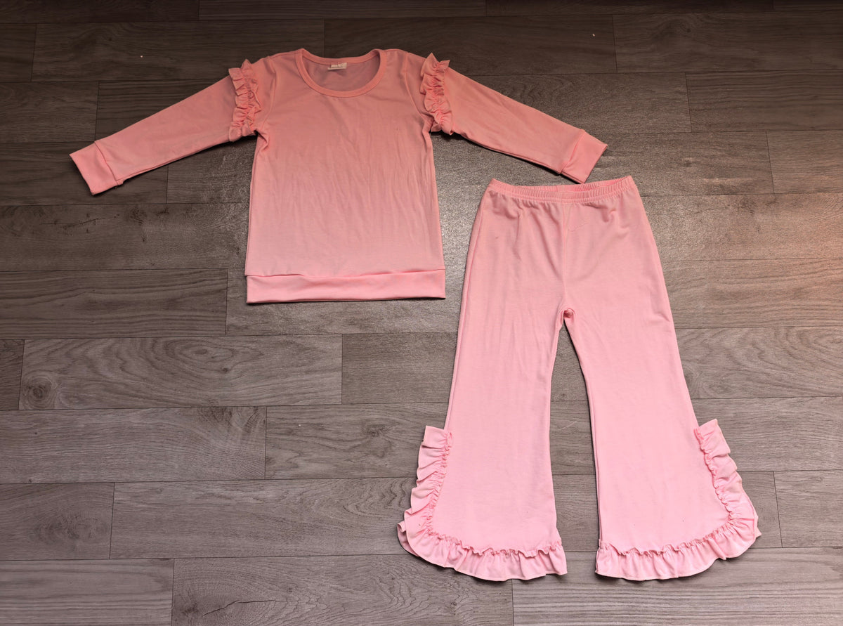 Pink cotton ruffle top pants kids girls clothing set