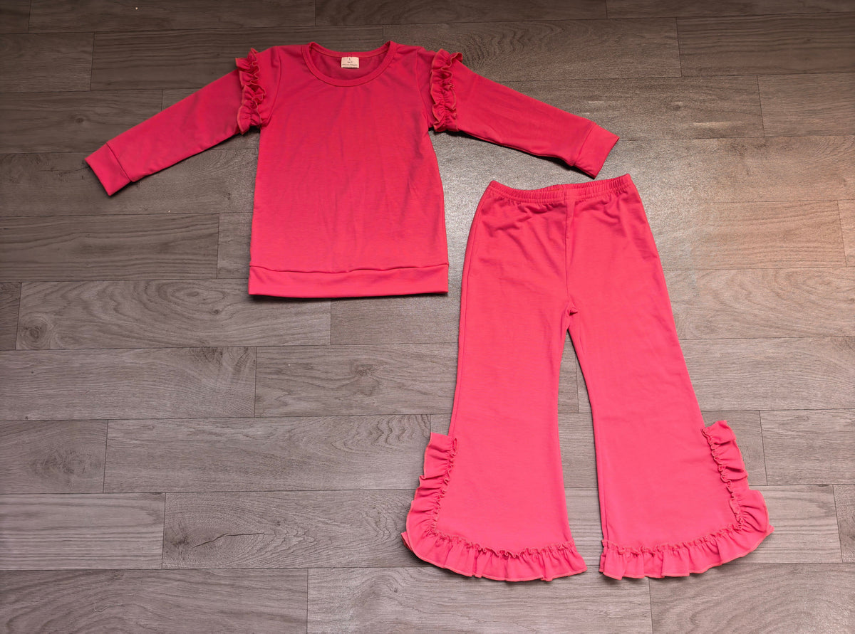 Hot pink cotton ruffle top pants kids girls clothing set